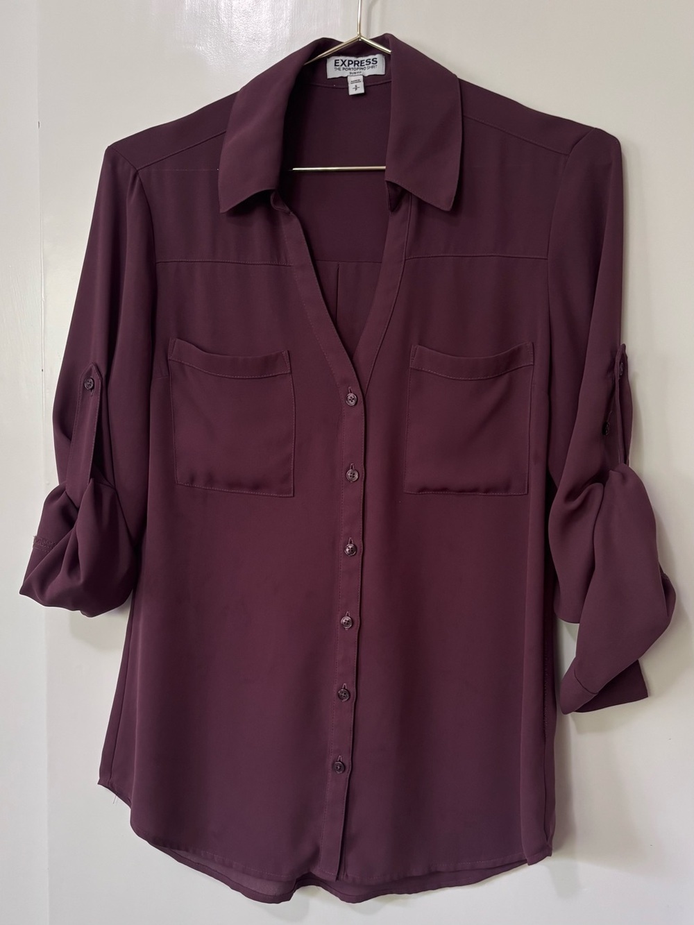 Express| Portofino Deep Plum Button Down Lightweight Roll-Up Sleeve Blouse Sz S